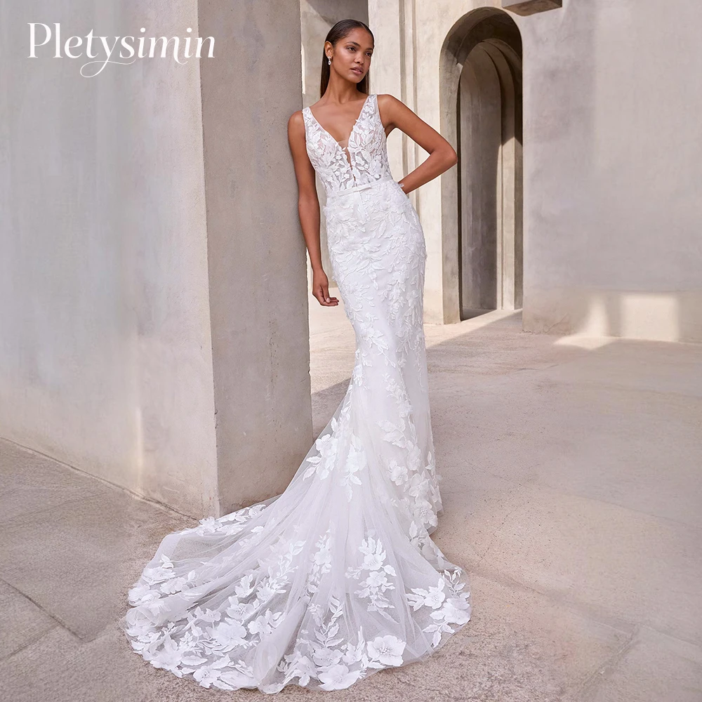 Pletysimin-vestido De novia De encaje con escote en V profundo, apliques De tren De barrido, vestidos De novia De sirena De tul, bata bohemia personalizada, 2026