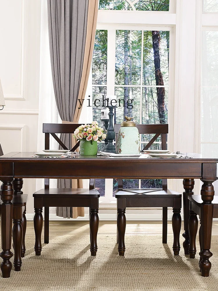 HYS Solid Wood Table Rectangular Dining Chair Combination Roman Column Dining Table Furniture
