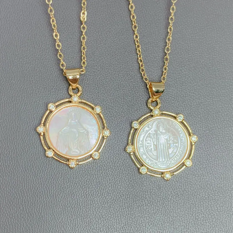 

New Pearl Shell Virgin Mary Saint Benedict Pendant Necklaces For Women CZ Gold Plated Choker Chains Religious Fine Jewelry Gift