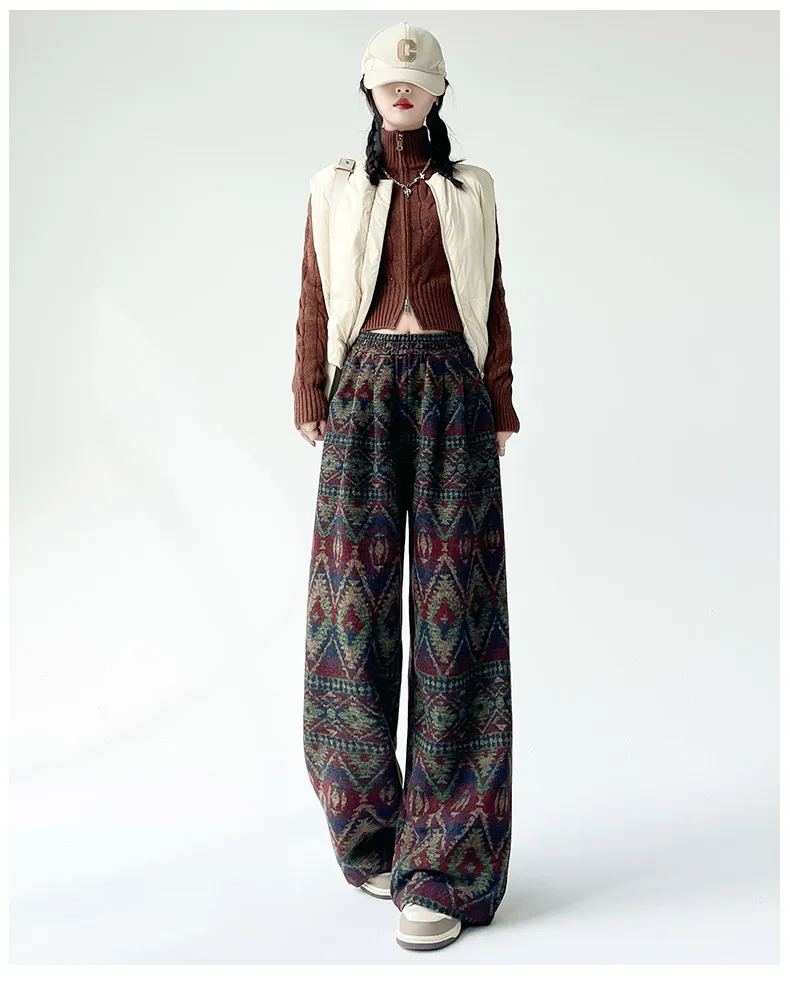 Women's Winter Thick Ethnic Style Knitted Wide Leg Pants Lady High Waist Elastic Waist Loose Full Length Pants Casual Long Pants