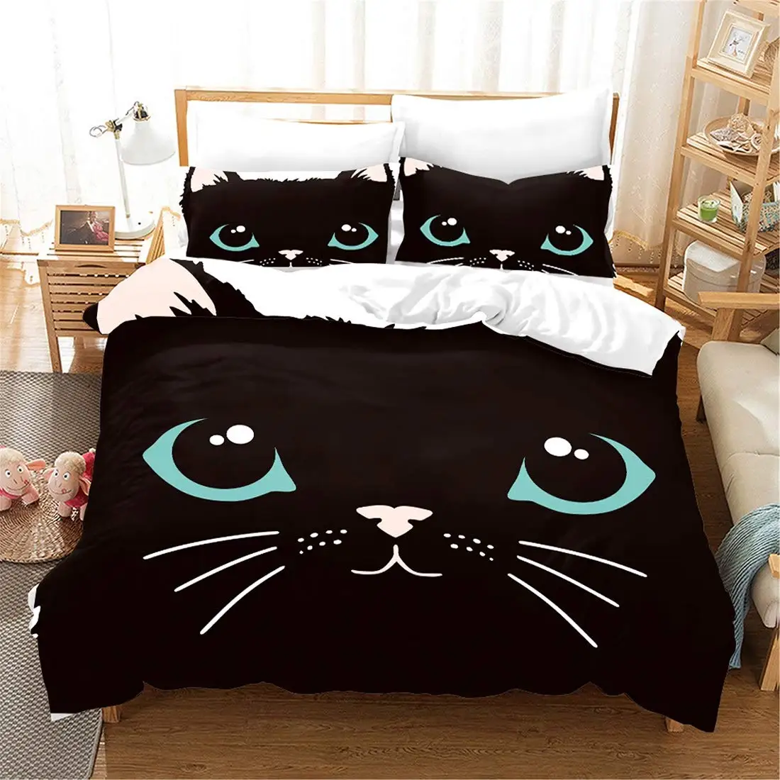 Cute Kitten Bedding for Girls Boys Black Cat Pattern 3 Piece Decorative Duvet Cover Set King Size Bedroom Decor Comforter Cover