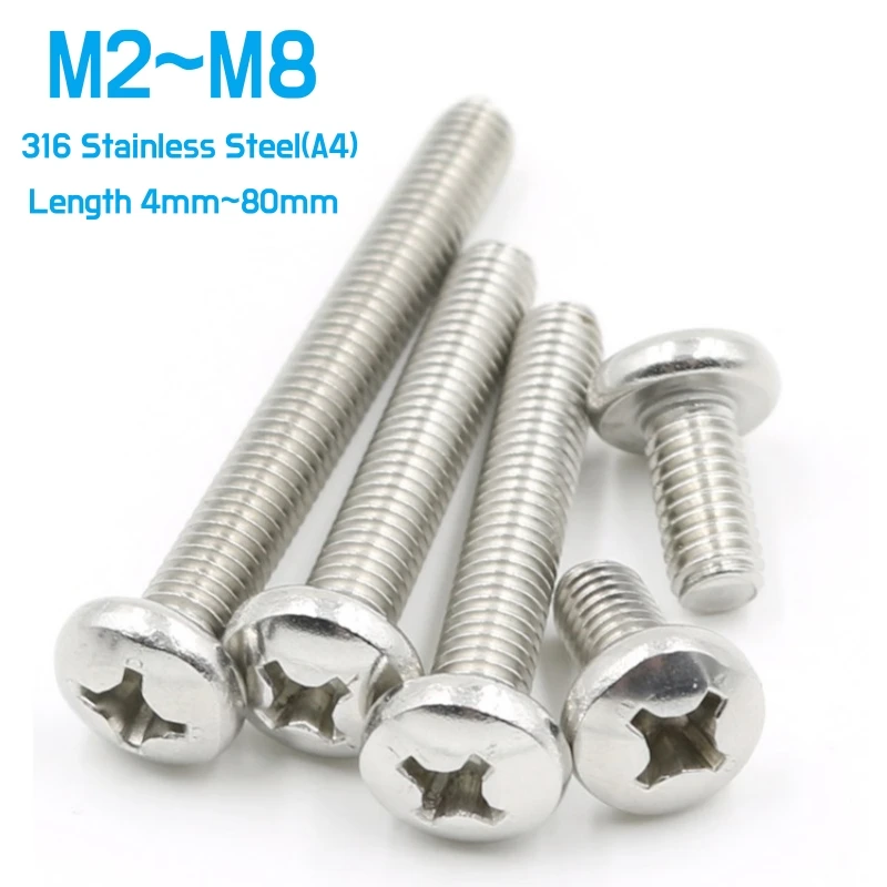5 ~ 100 pièces DIN7985 316 A4 acier inoxydable M2 M2.5 M3 M4 M5 M6 M8 croix encastré Phillips rond boulon à tête cylindrique longueur de vis 4 ~ 80mm