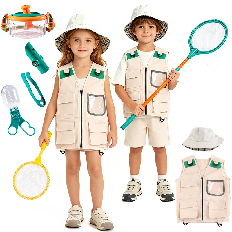Explorer Adventure Kit Outdoor Vest & Hat Kids Clothes Nature Exploration Camping Hiking Children's Costume Boys Girls Outifts