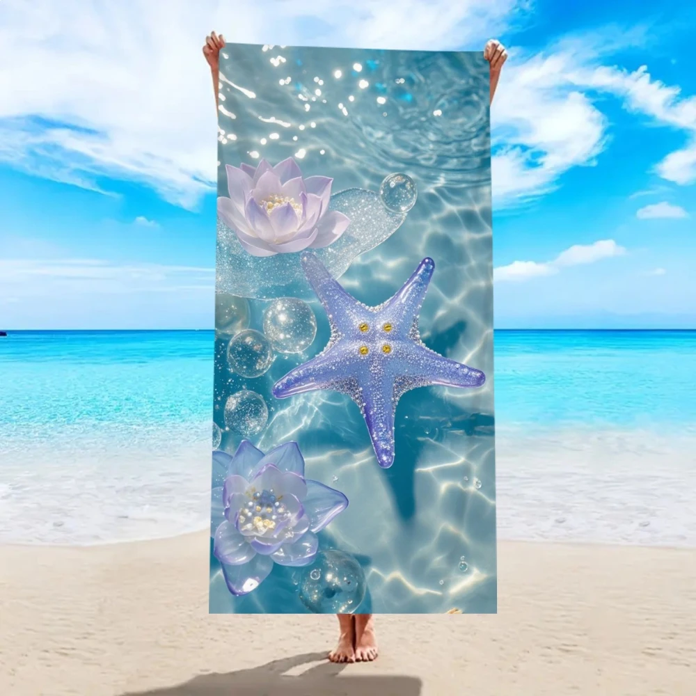 Underwater Purple Lotus Starfish Realistic Print Beach Towel,sand blocking for beach trips,picnic meets & poolside downtime