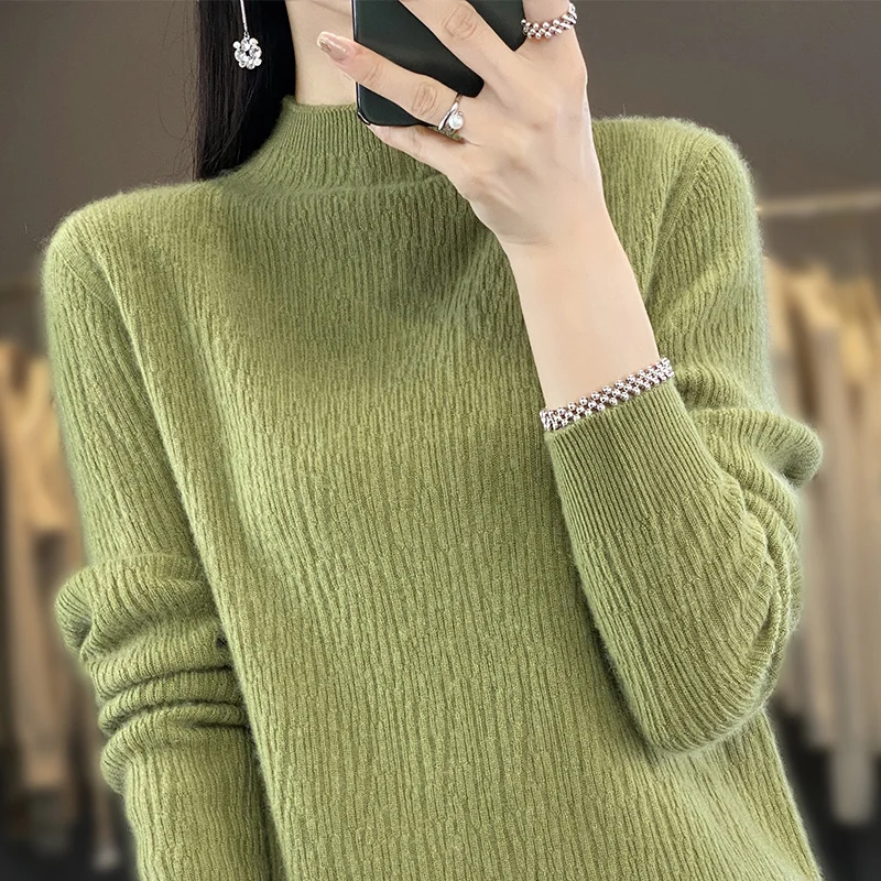 Women 100% Merino Wool Sweater Half-high Collar Knitted Wave Jacquard Pullover Autumn Winter Thickened Casual Knitwear Top