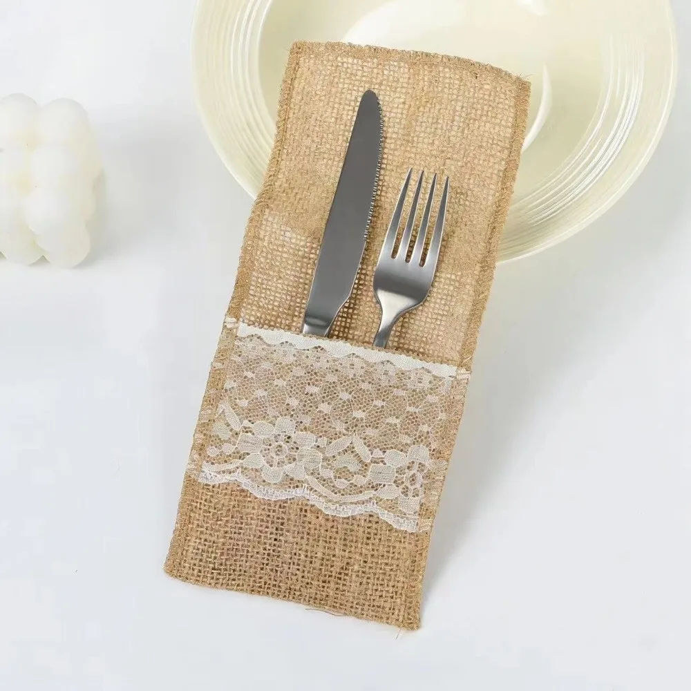 Tableware Cover Rustic Style Linen Lace Cutlery Bag Lace Burlap Fork Bag Decorative Silverware Holder Bags Housewarming Party