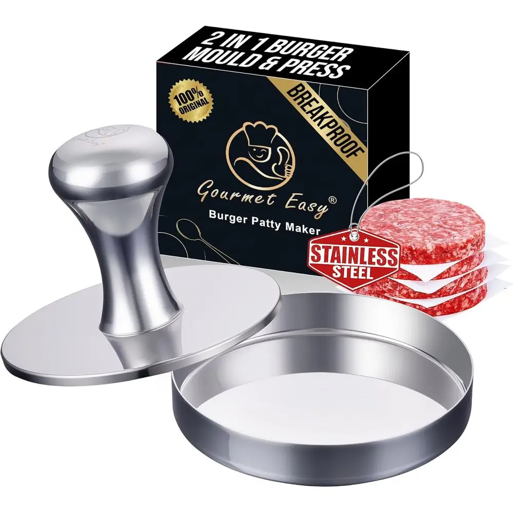

2-in-1 Hamburger Patty Maker & Smash Burger Press, Heavy Duty Premium Stainless Steel, Easy-Clean Design, Hamburger Press with P