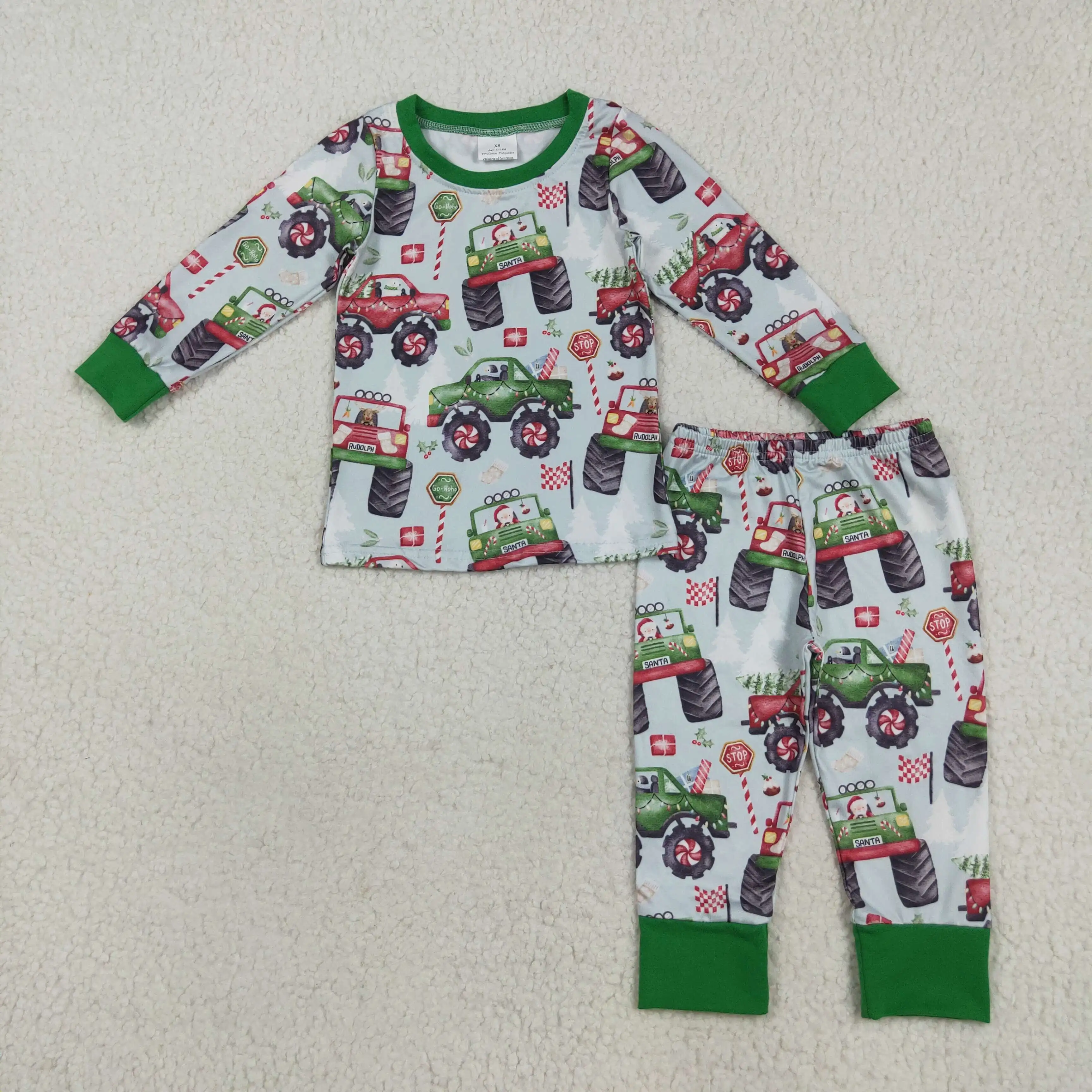 

NEW rts Christmas boys clothing wholesale boutique Christmas truck green long sleeve long pants pajamas boys suit