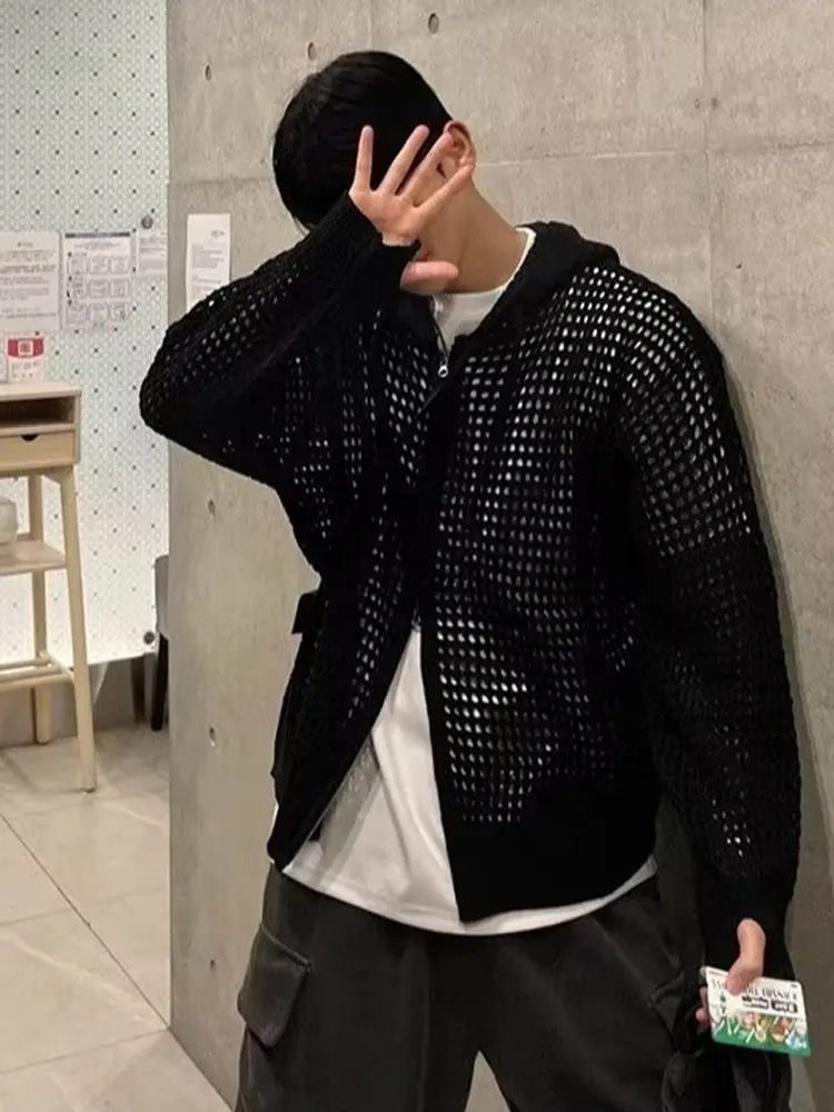 

American Retro Hollow out Hoodie Knitted Sweater Men Summer Thin Loose Lazy Sle Design Unique Sun Protection Coat