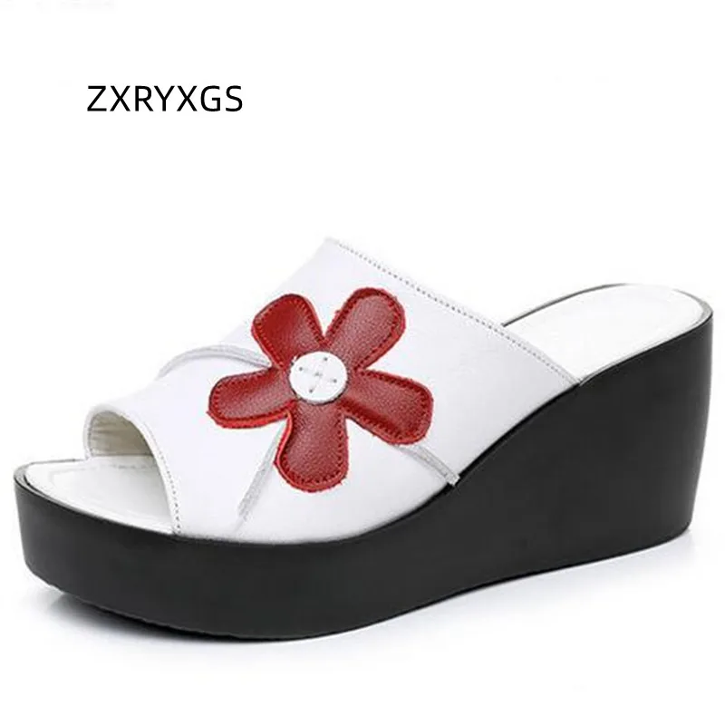 

ZXRYXGS 2024 New Large Size Summer Women Sandals Flower Cowhide Leather Slippers Sandals Wedges Shoes Woman Fashion Slippers