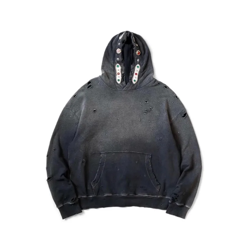 HKSH Spring Autumn New Men Tide Dark Punk Japanese Batik Washed Distressed Hooded Sweatshirt Chic Ins Vintage Sweatshirt HK27232