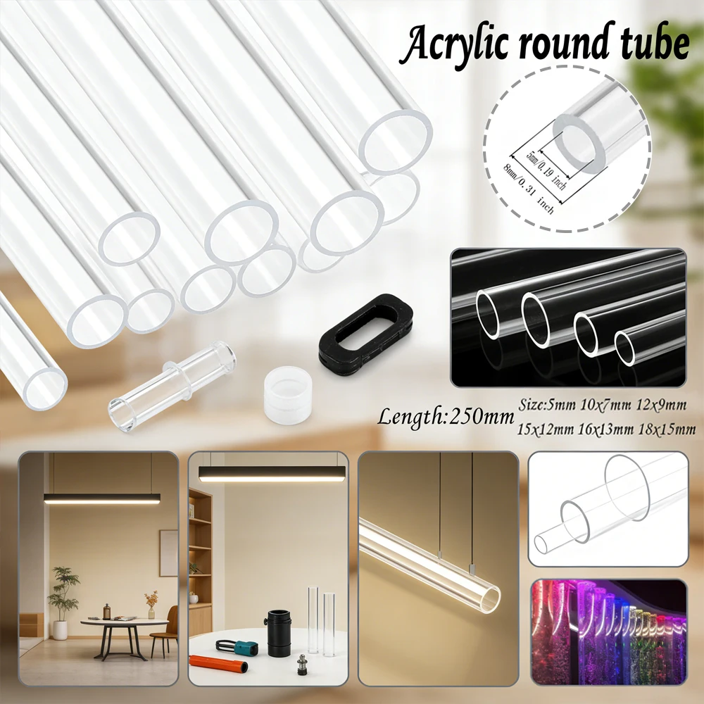 1-4pcs Clear PMMA Tube Assortment , 8-18mm Outer Diameter 250mm Length Acrylic Pipe for Craft & Industrial Use