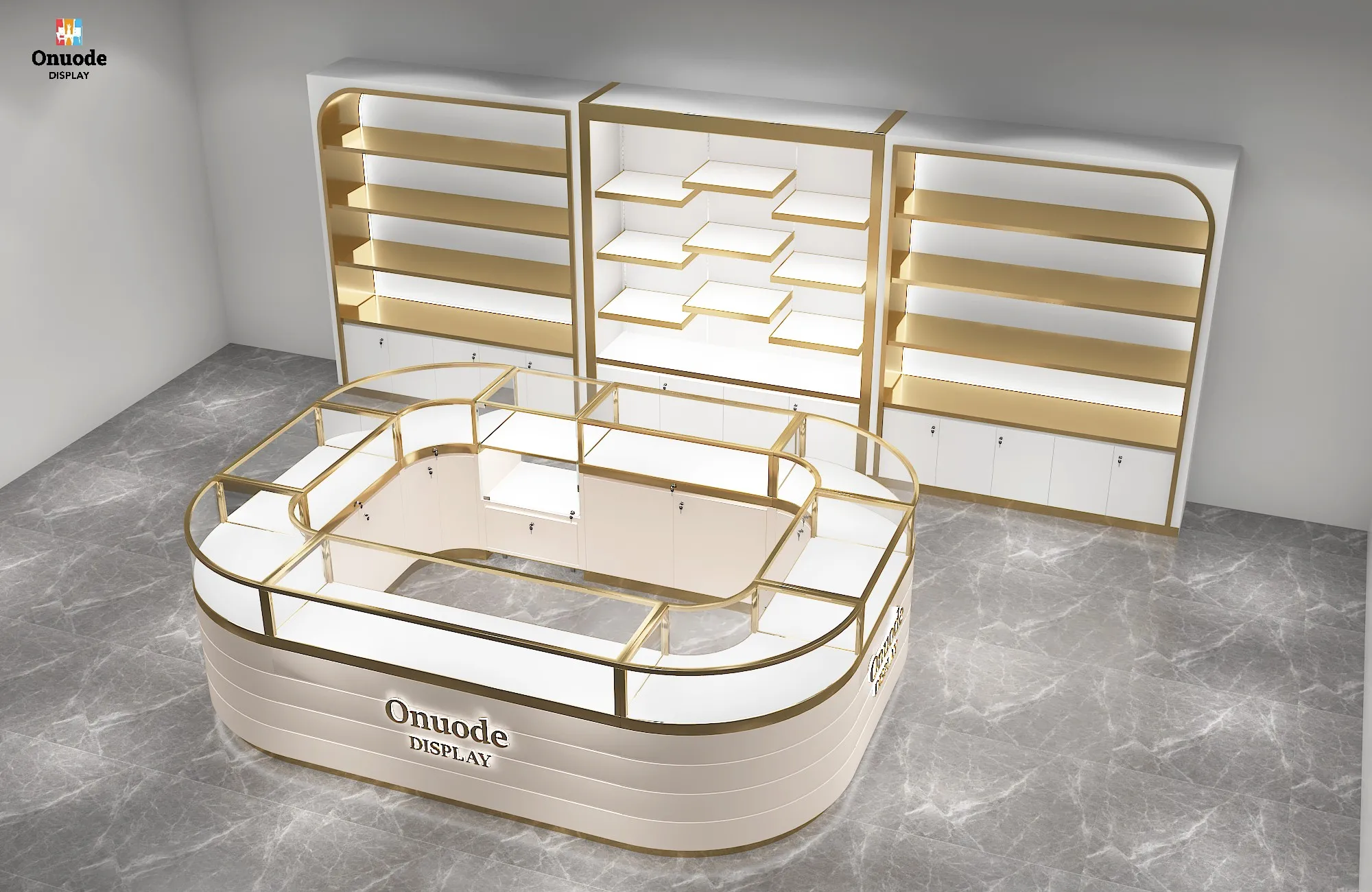 Quiosco de joyería personalizado de lujo para centro comercial |   Cabina minorista moderna con escaparate de vidrio y gabinete de joyería con iluminación LED