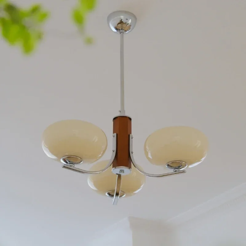 French Retro Medieval Solid Wood Glass Lampshade Chandelier LED Bedroom Restaurant Cafe Living Room