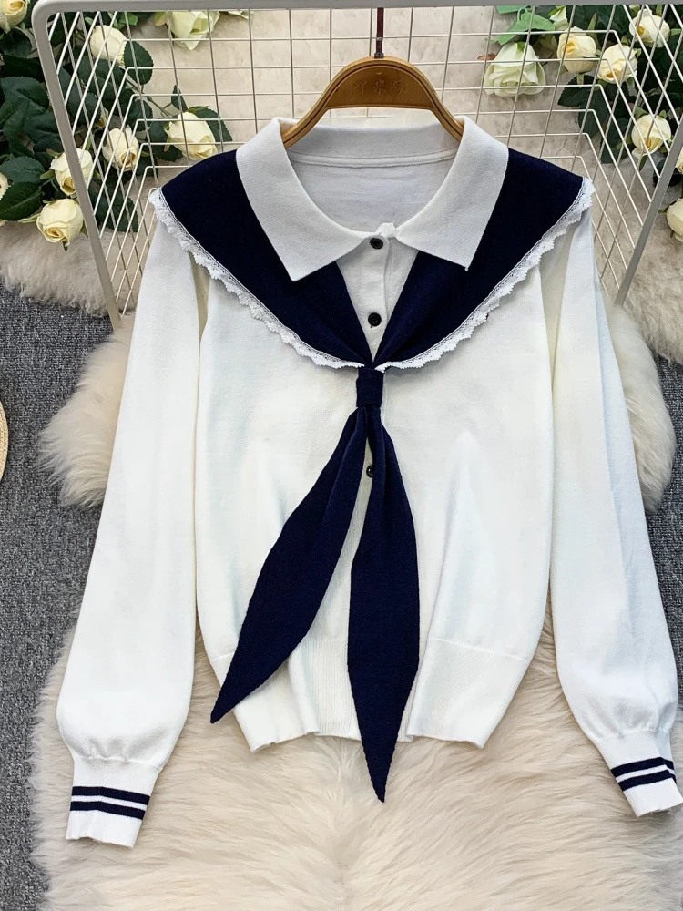 College style sweet lace-up lapel collar single breasted knitted top+high waist slimming striped pleated skirt two-piece set