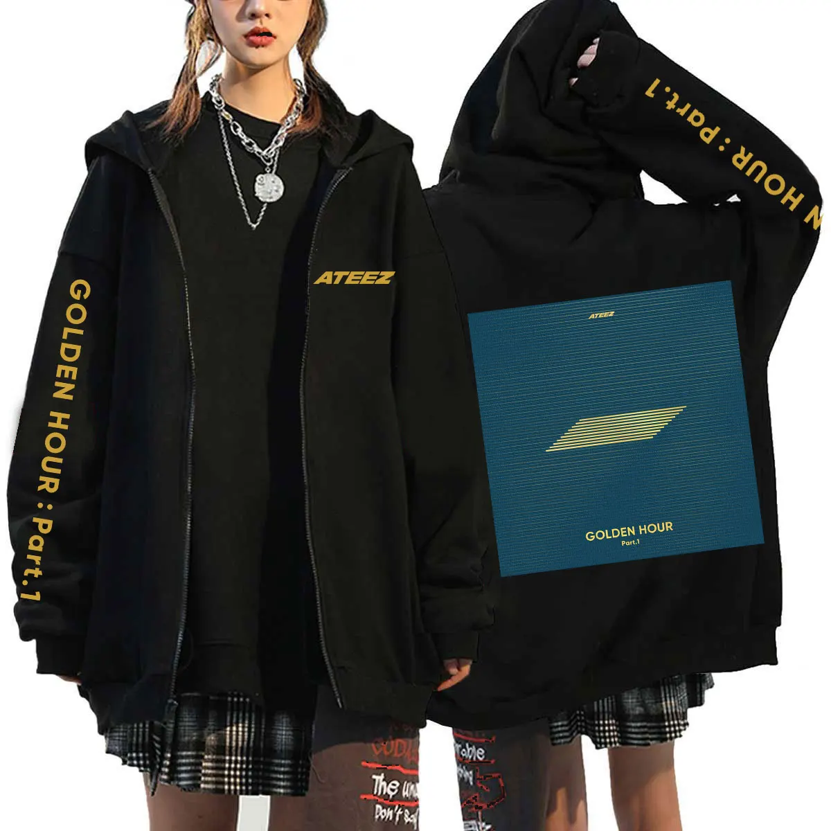 Kpop Ateez GOLDEN HOUR part 1 Hoodie Men Long Sleeve Loose Jacket Coats Harajuku Casual Gothic Hooded Sweatshirt Y2K Streetwear