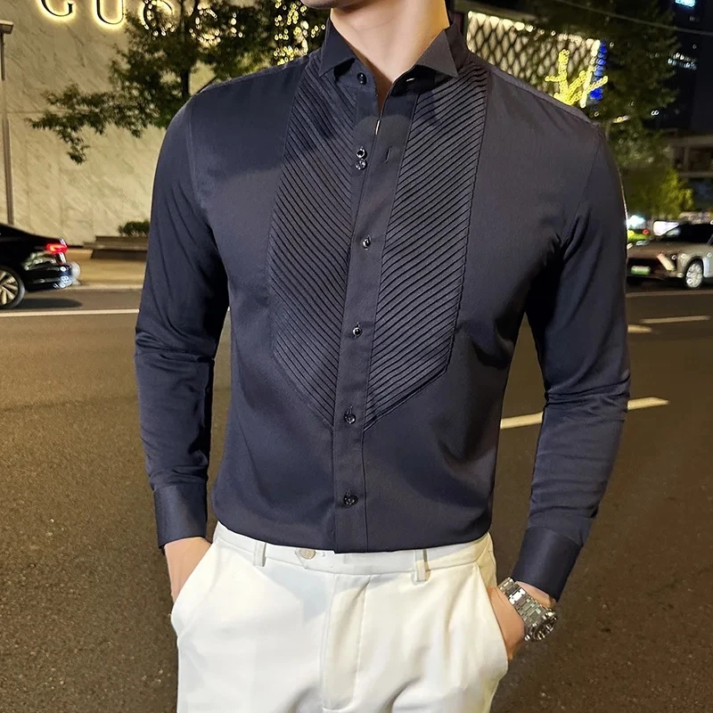 Men Dress Shirt Fashion Long Sleeve Business Social Shirt Male Solid Color Button Down Collar Work White Black Shirt 4XL