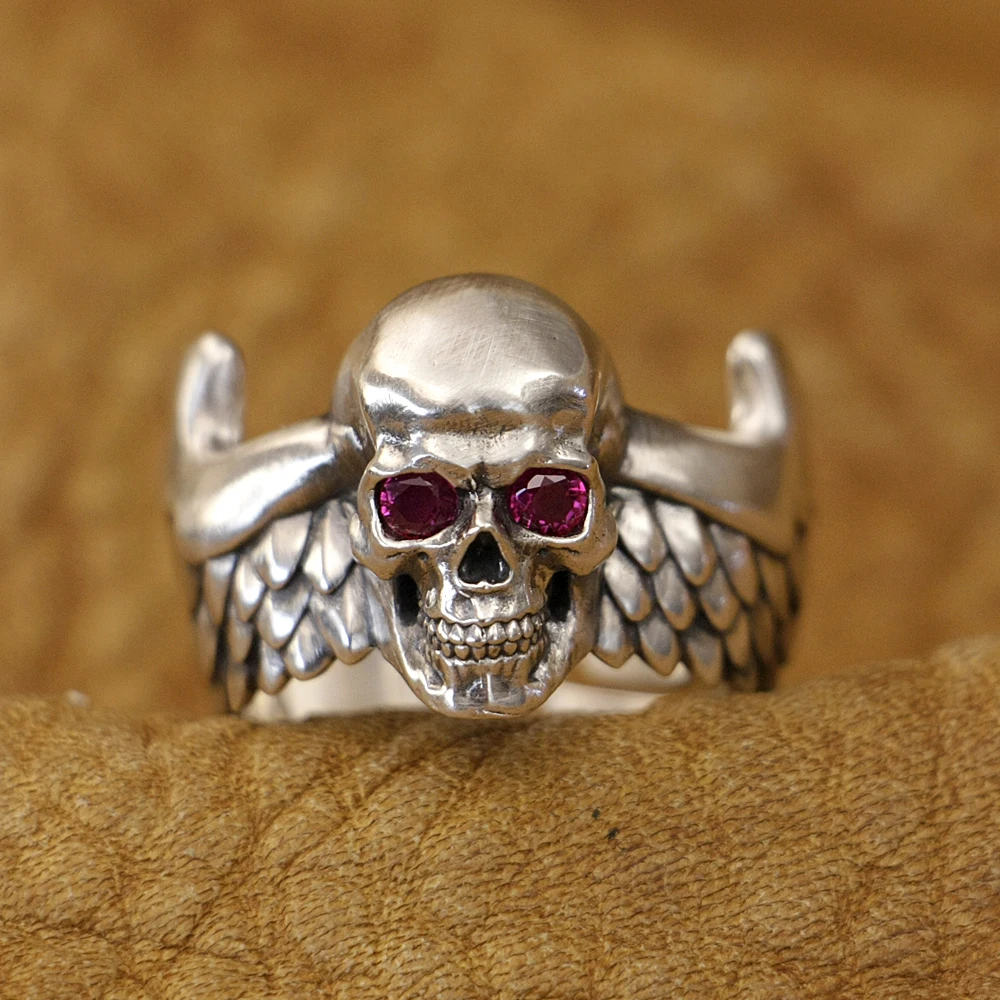 

CZ Eyes 925 Sterling Silver Flying Skulls Wing Charms Ring TA446 US Size 6~15