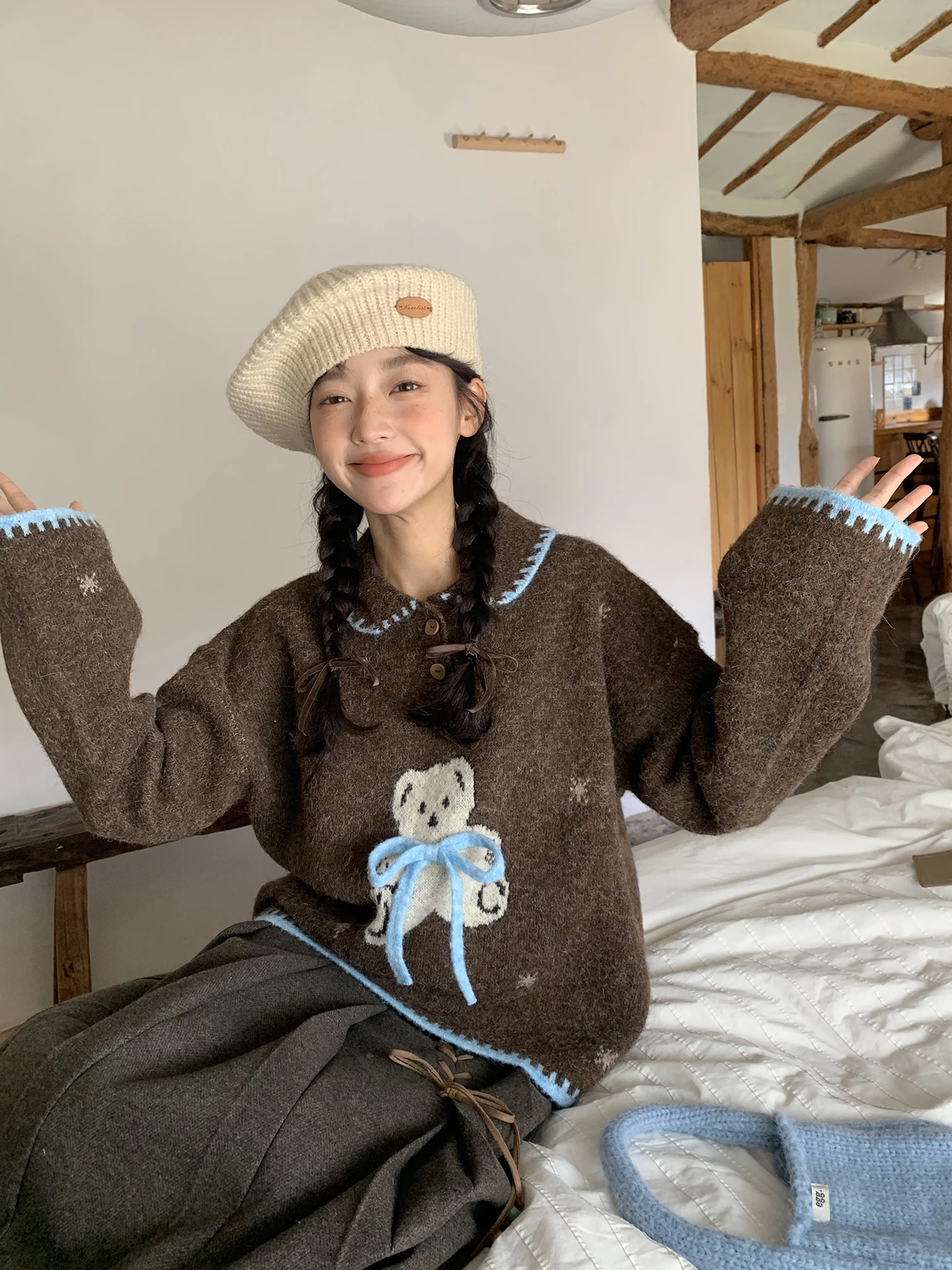 

Sweet Sle Bear Knot Ne Knitted Sweater Women's Overhead Casual Warmth Long Sve Autumn Winter Faion Polyester Ny...