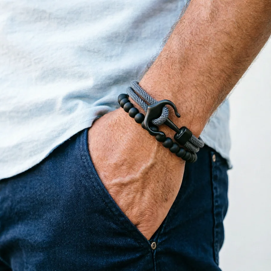 Stylish 2Pcs Men Anchor Bracelet Set Grade A 4mm Cord Sweat Wicking Sports Wrist Accessories Perfect Gift For Him Pulseria Homme