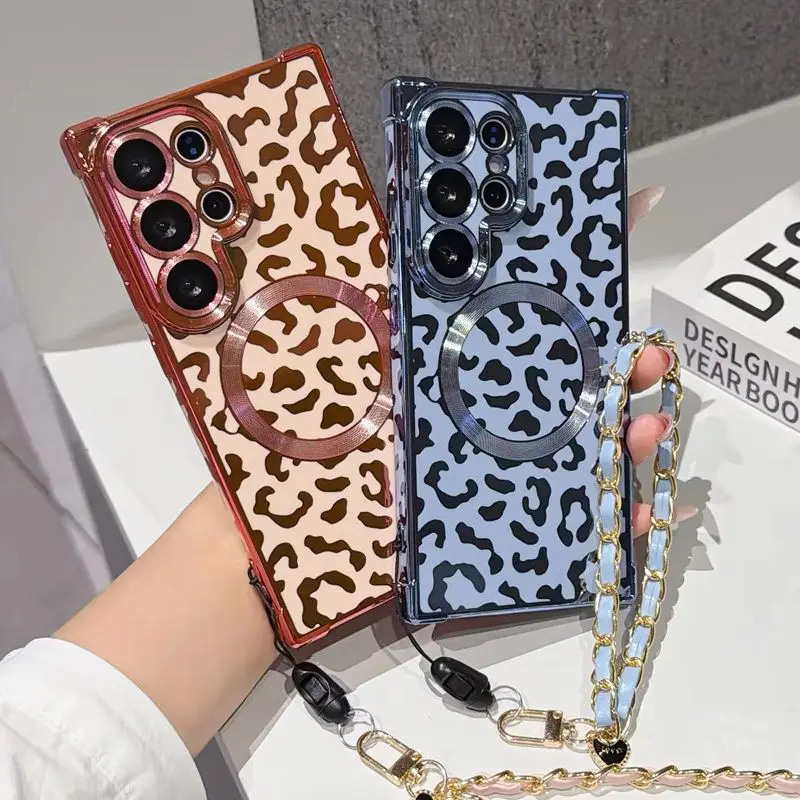 Trendy Leopard Print Magnetic Electroplated Phone Case for S26 Ultra Y2K Heart Chain Protective Cover for Samsung Galaxy S25 S24