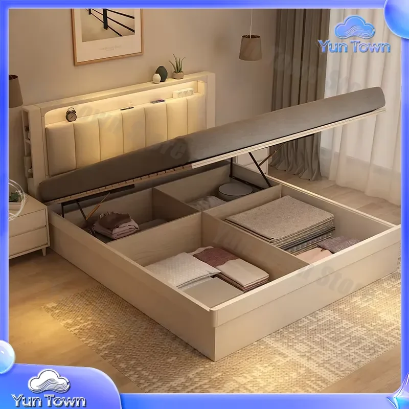 All Solid 1.8m Double Bed for Main Bedroom Floor Standing Storage Bed with High Air Pressure Lift Mechanism White Bed for