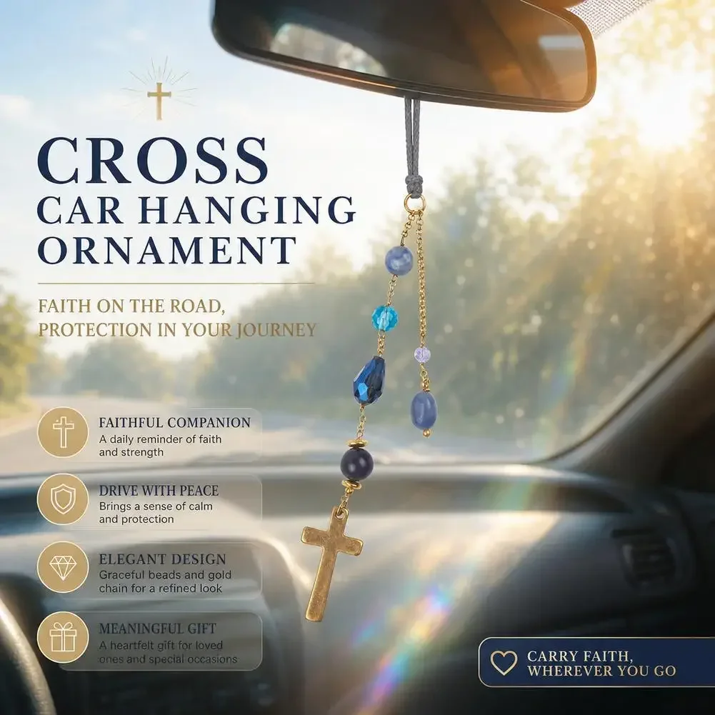 Vintage Gold Cross Car Charm Natural Stone Tumbled Crystal Mirror Hanging Pendant Auto Decor Gift For Driver