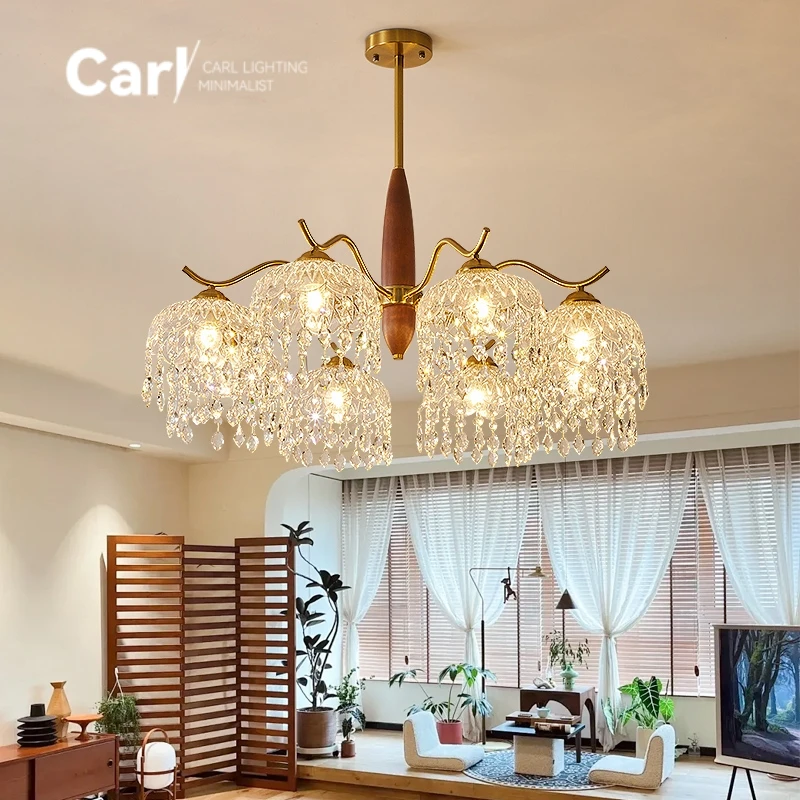 

Retro American Living Room Pendant Light New Solid Wood Antique Glass Crystal Pendant Light Postmodern Bedroom Dining Room Light