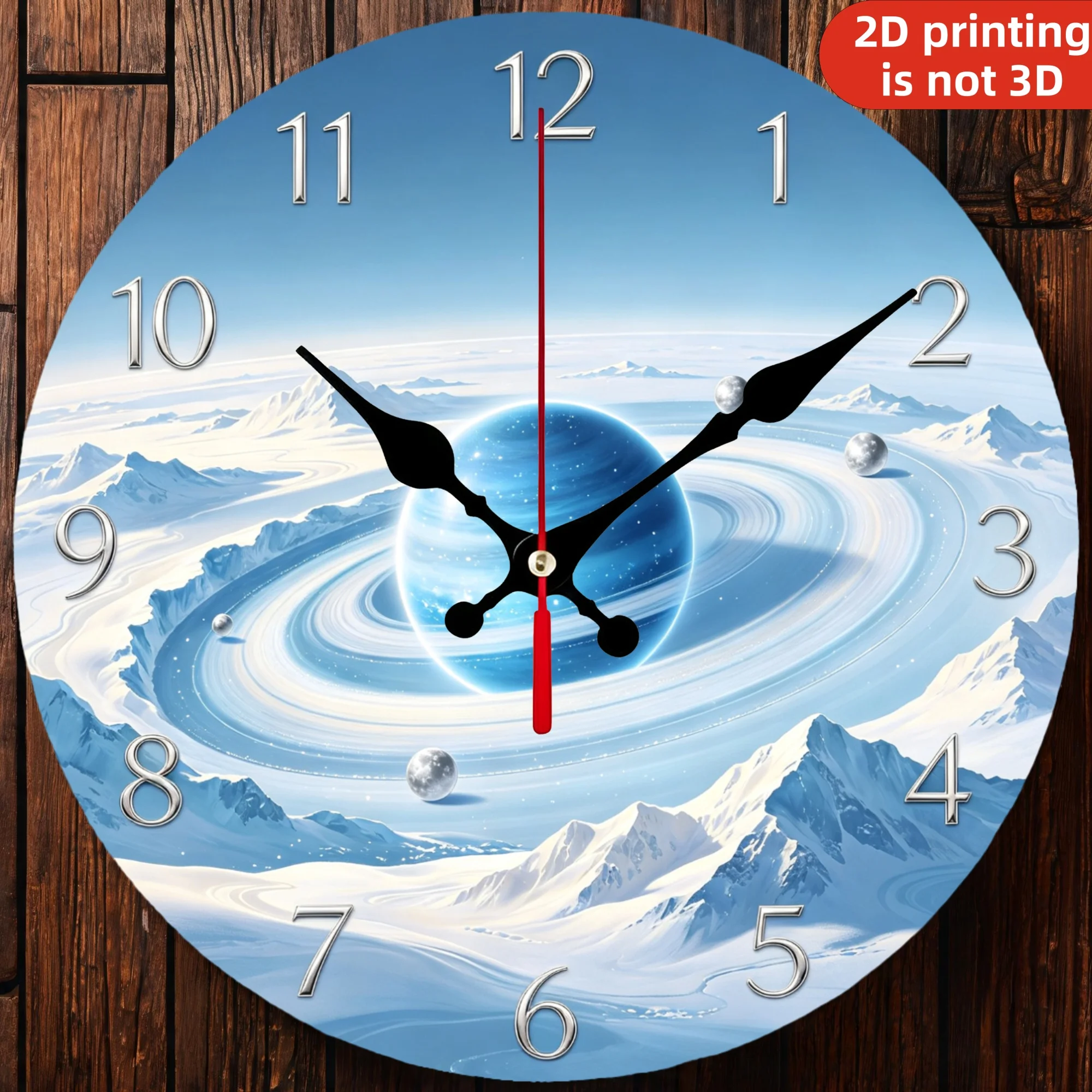 Snowy Ice Mountain Ringed Planet Wooden Wall Clock, 10/12 Inch Round Wood Clock, Silent Non Ticking Quartz Movement, Blue Cosmic Winter Landscape Printed Home Decor