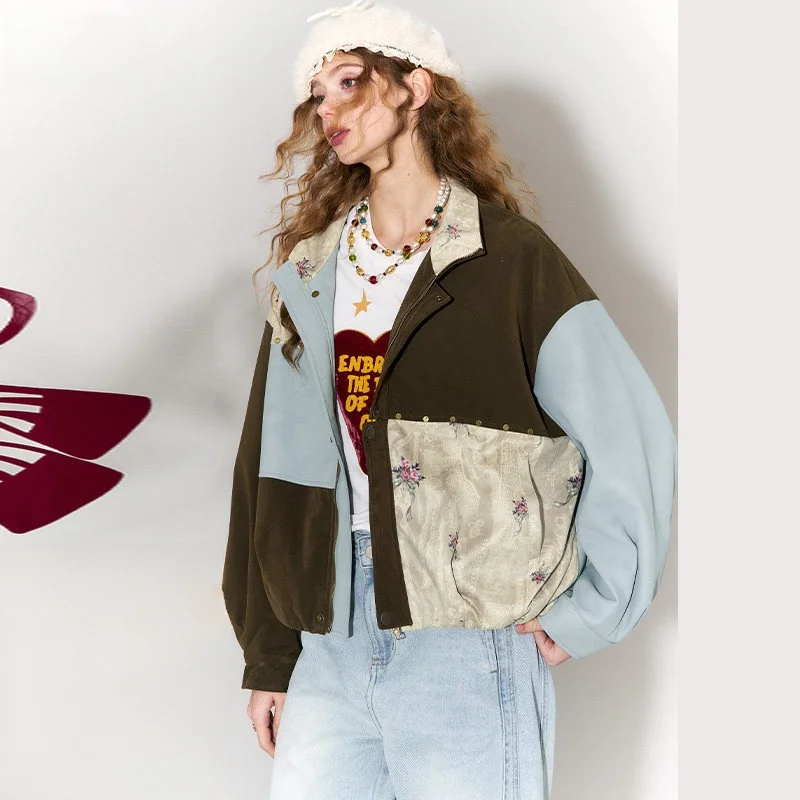 

Ele Suede PU Leather Patchwork Jaet Women's Loose Fit Autumn Faion Retro Sle Zipper Closure Long Sve Ne