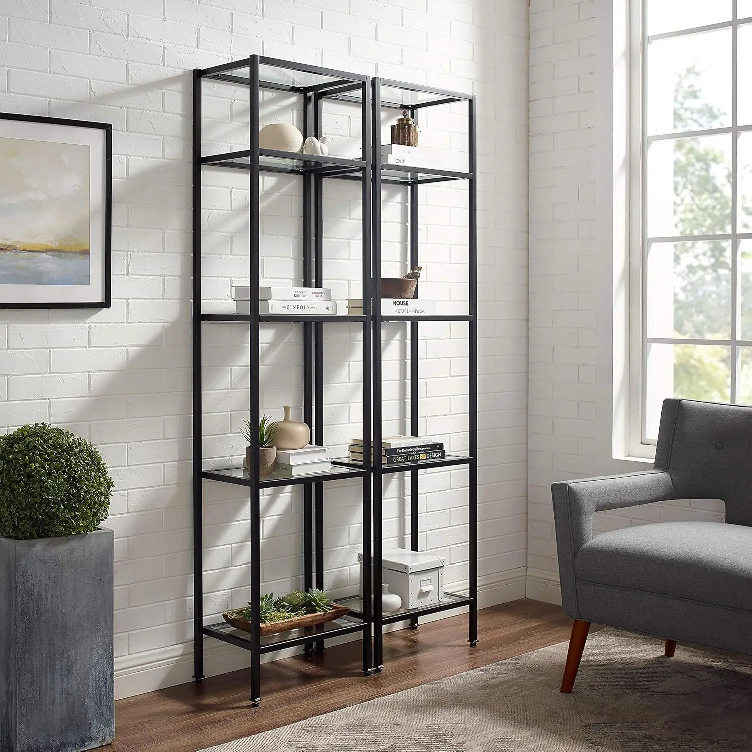 2 piece bookcase set Glass bookcase, bookcase storage, oil rubbed bronze Art Deco inspired design provides upscale display