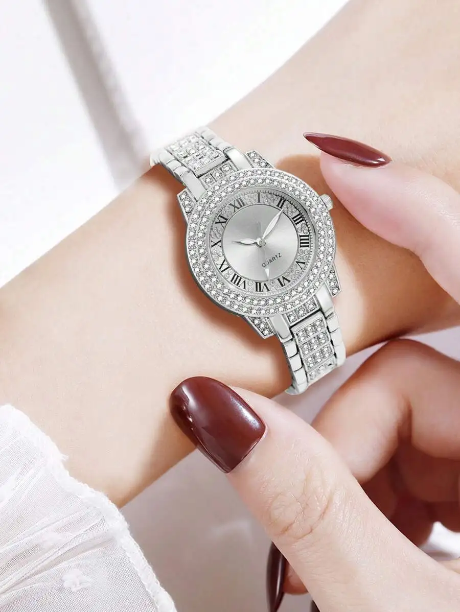 1pc Women's Steel Band Watch Luxury Fashion Roman Numerals Dial Women's Watch Set With Diamond British Watch Suitable For Daily