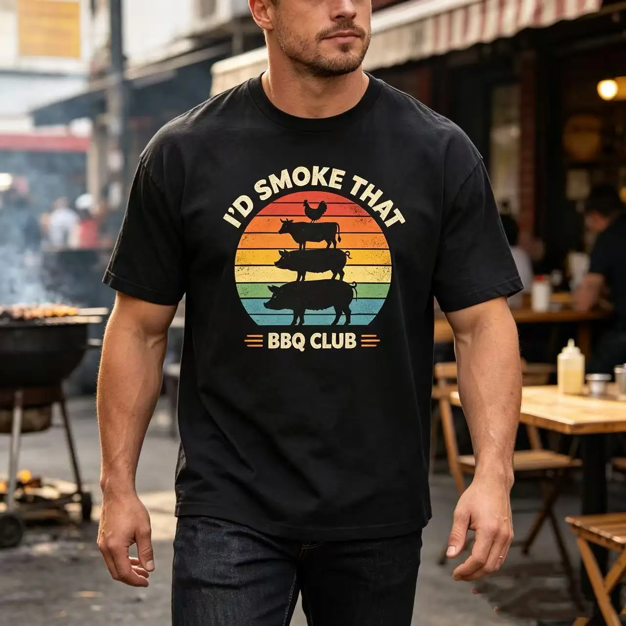 Unisex I'd Smoke That BBQ Club Retro Sunset Cow Pig Chicken Stack Silhouette Graphic T Shirt Men Women Barbecue Lover Print Oversized Tee