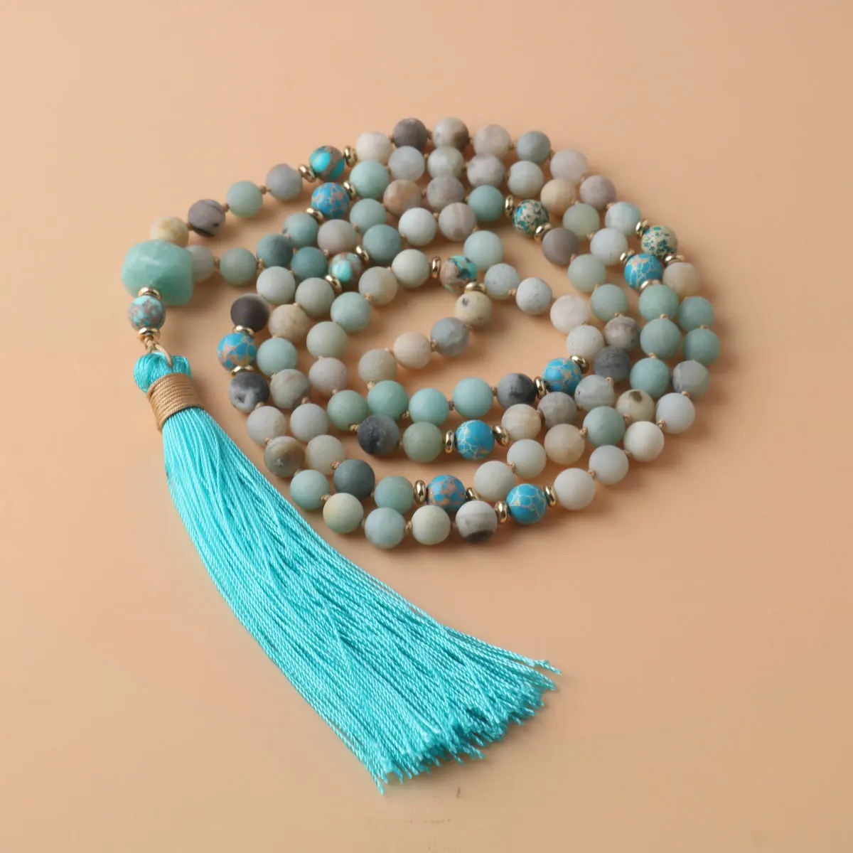 108 Japa Mala Necklace For Women Men Natural Stone Amazonite Beads Tassel Yoga Energy Meditation Necklace Blessing Jewelry