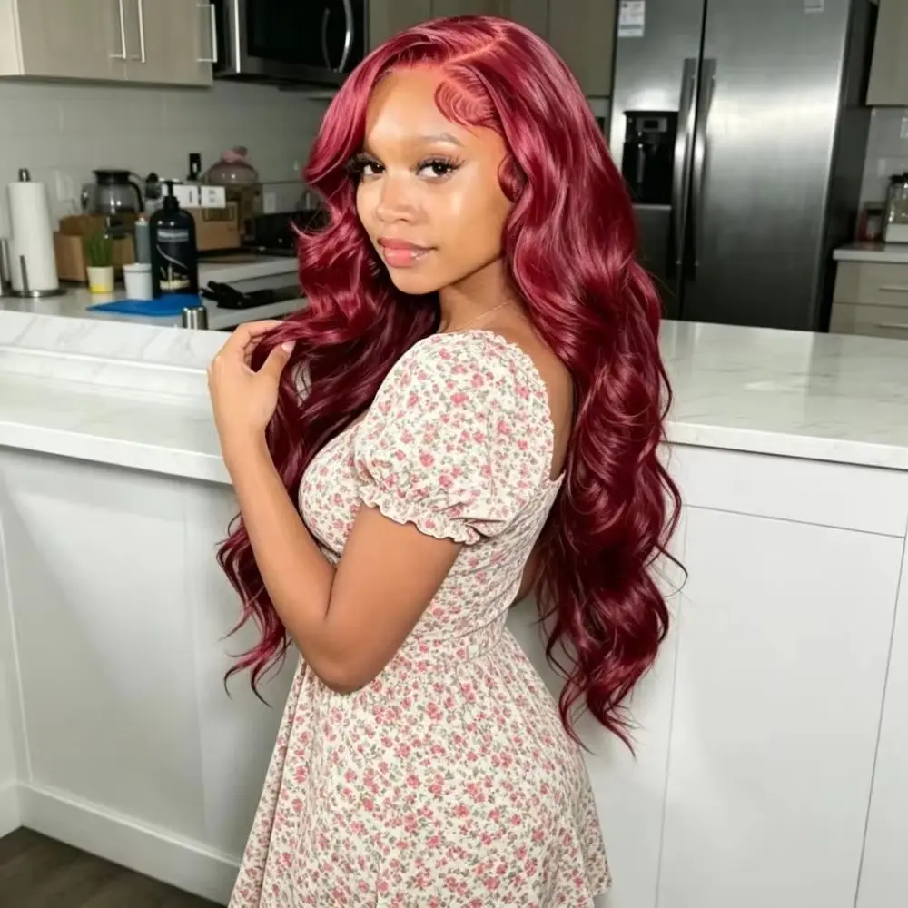 

99J Burgundy Red Body Wave Brazilian Human Hair Wig 46 Inch 13x6 HD Transparent Lace Frontal Pre Plucked 200% Density Colored Natural Hair Wigs For Women Daily Makeup Styling