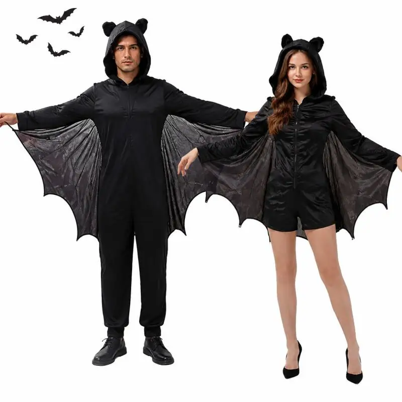 Adult Couple Black Bat Jumpsuit Costume With Hood for Men Women Halloween Party Cosplay Outfit Carnival Fancy Dress Up view 2