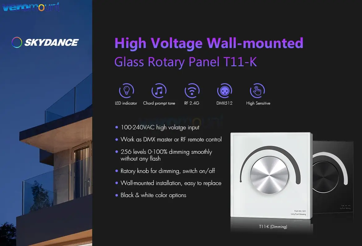 Skydance T11-K Dimmerazione a 1 zona Controllo DMX Pannello rotante a parete DMX512 Master RF Controllo 2,4 GHz Ingresso CA 110 V 220 V