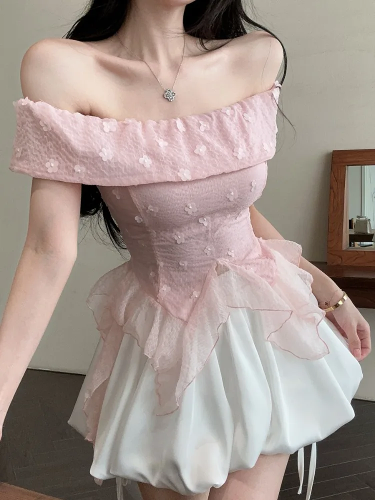 

Sweet Spicy Girl One Shoulder Slim Fit Asymmetrical Short Top Women's Spring Summer New Bloom Short Skirt A-Line Skirt Two-Pi...