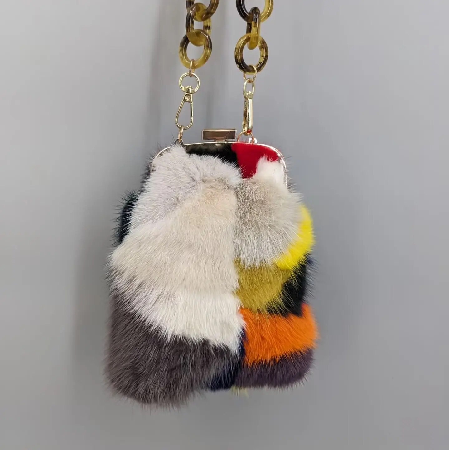 Women Rainbow Color Block Patchwork Real Mink Fur Mini Phone Bag Gold Chain Crossbody Fluffy Genuine Fur Small Shoulder 24A0702