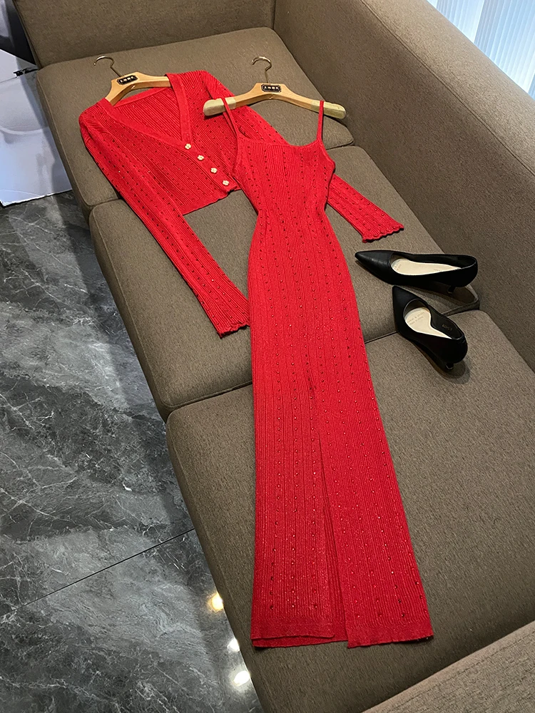 

Ele Knitted Dr Diamond Heat Transfer Svel Strap Design for Faionable Women Commute Sle Autumn Winter Dr