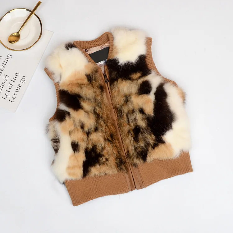 Chaleco de piel de conejo auténtica Natural cálido para otoño e invierno, abrigo corto, ropa para niños y niñas, Tops Kawaii de piel para mujeres