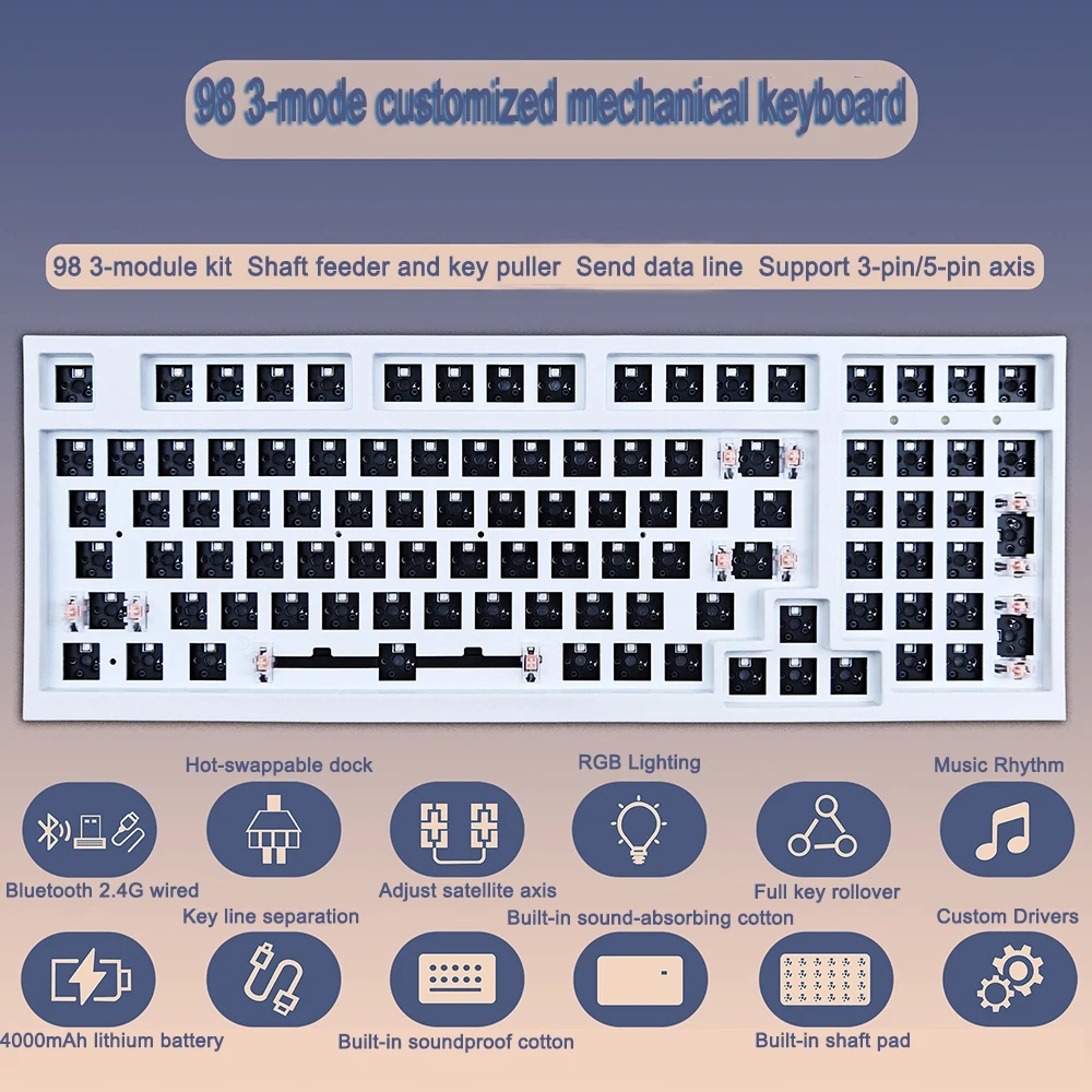 Mechanical Keyboard Kit T98 Wired 3 Mode RGB Hot Swap Gaming Keyboard 98 Keys Customize PC Gamer Gasket Accessories Office Gift