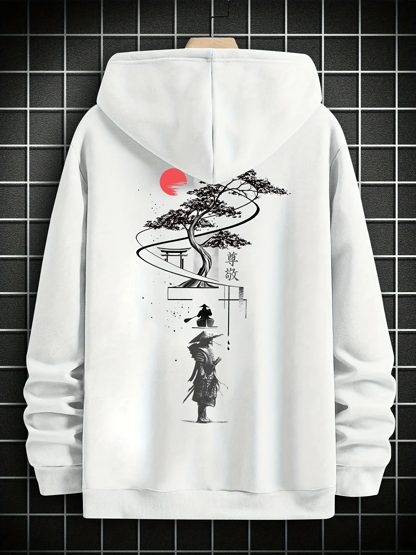 Men's loose-fit fashion hoodie featuring tree and samurai graphics a stylish casual hooded for autumn and winter outdoor wear