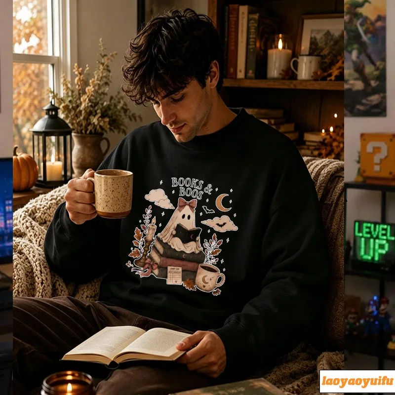 Bookish Boo Reading Ghost Stacked Books Moon Coffee Cup Floral Candle Print Pullover Long Sleeve Halloween Casual Streetwear Top