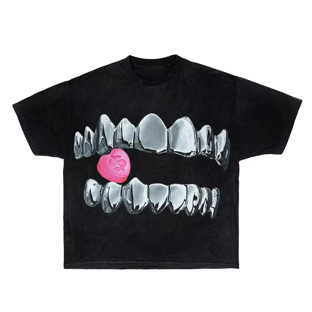 Streetwear Punk Oversized Casual teeth pattern men women Goth T-shirt Y2K Harajuku hip-hop cotton short sleeved top tees Unisex image 3
