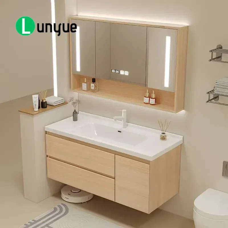Wall Mounted Bathroom Vanity Cabinet with Ceramic Integrated Basin Smart Storage Combo for Modern Home Decor Space Saving