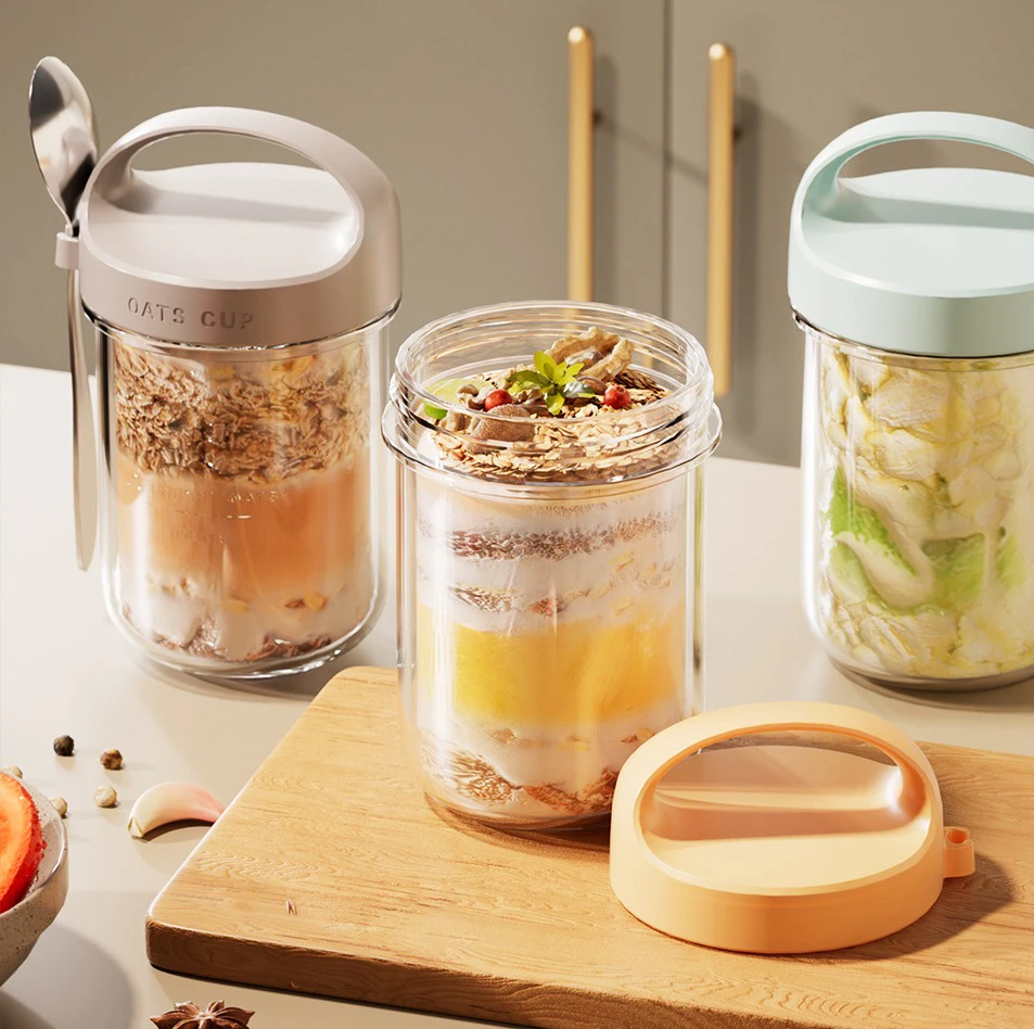 Breakfast Cup Sealed Overnight Yogurt Jar Overnight Oatmeal Bottle 350ml With Spoon Portable Glass Salad Jar Milk Tea Cups