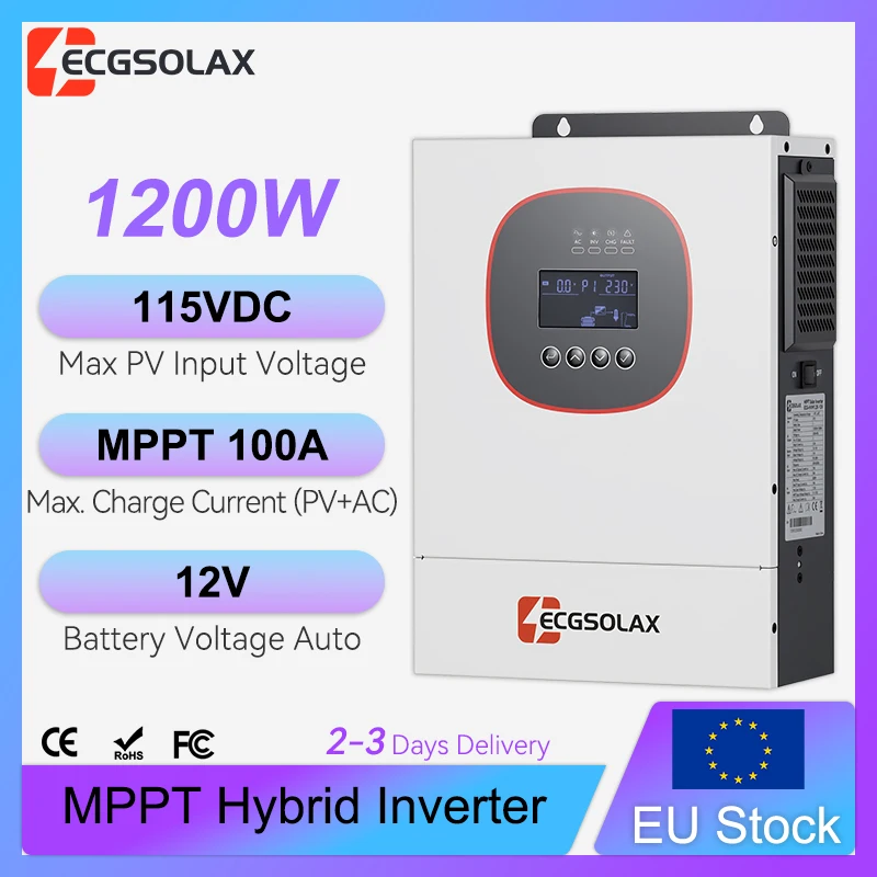 ECGSOLAX 1.2KW Hybride Solar Inverter 12V Off-grid Solar Hybride Inverter Met 50A MPPT Laadregelaar PV Max 450V