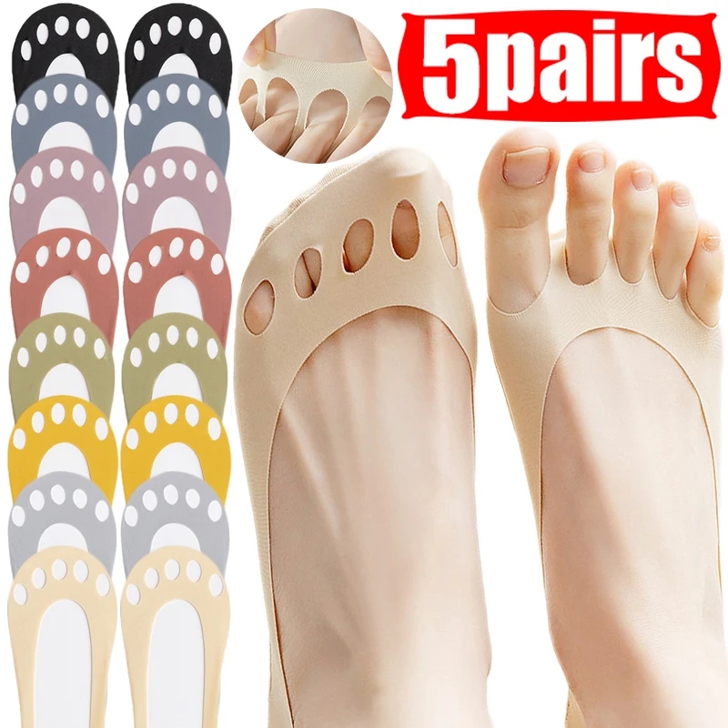 

Women Invisible Boat Socks Summer Silicone Non-slip Slipper Sock High Heel Shoe Ice Silk Sock Open Five-toed Half-Palm Suspender