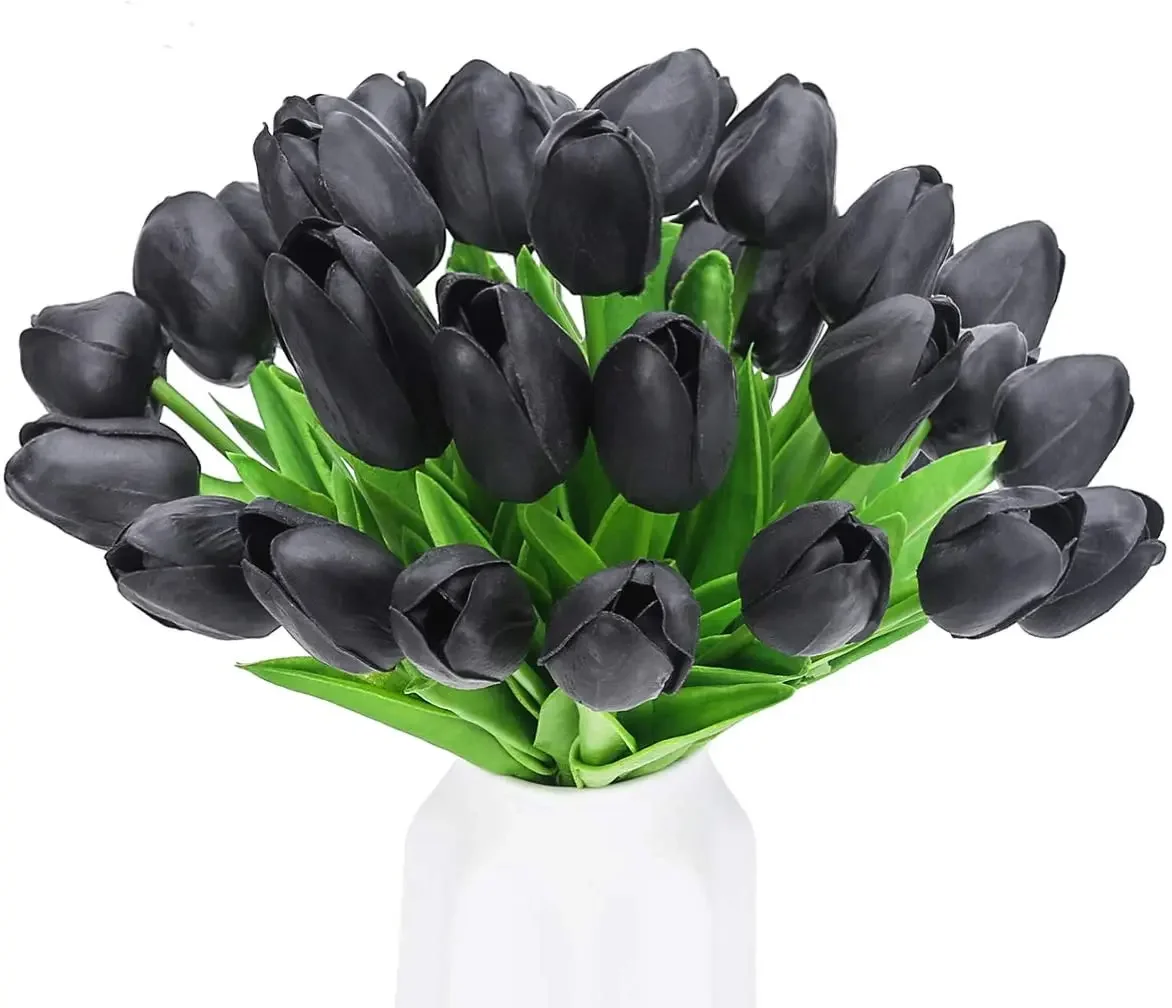 Artificial Tulip Fake Holland Mini Tulip Real Touch Flowers 20 Pcs for Wedding Decor DIY Home Party (Black)